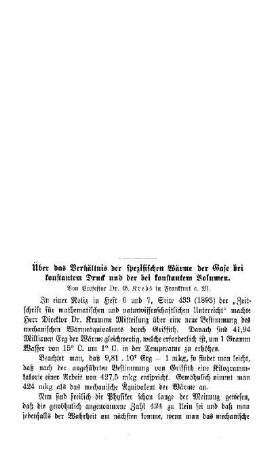 Über das Verhältnis der spezifischen Wärme der Gase bei konstantem Druck und der bei konstantem Volumen