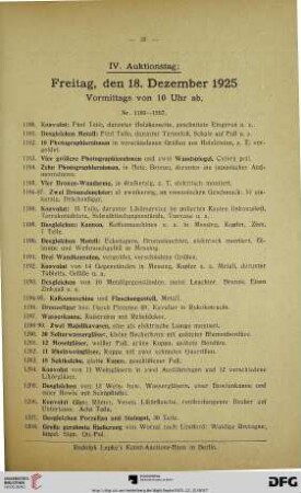 IV. Auktionstag: Freitag, den 18. Dezember 1925, Vormittags von 10 Uhr ab (Nr. 1180-1507)