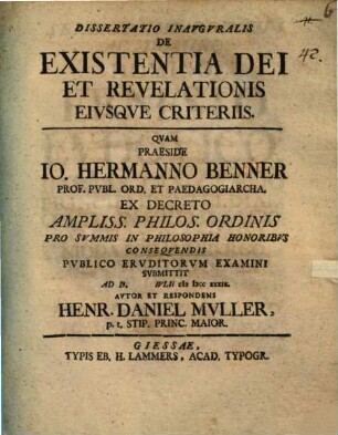 Diss. inaug. de existentia Dei et revelationis eiusque criteriis