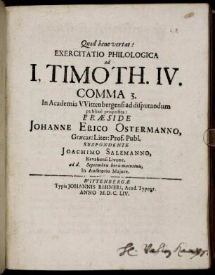 Exercitatio Philologica ad I. Timoth. IV. Comma 3.