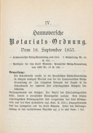 IV. Hannoversche Notariats-Ordnung. Vom 18. September 1853