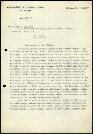 Gesellschaft der Wissenschaften Göttingen an W. Wrede