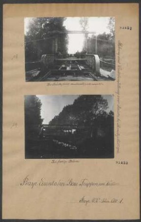 Hebung und Wiederherstellung eines eisernen Stegs und einer eisernen Straßenbrücke bei Schloß Remilly und Aillicourt, Juni - Juli 1916: Die fertige Brücke