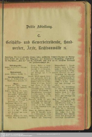 Dritte Abteilung. Berufsklassen und Gewerbebetriebe : Dritte. Abtheilung. C. Geschäfts- und Gewerbetreibende, Handwerker, Ärzte, Rechtsanwälte etc.