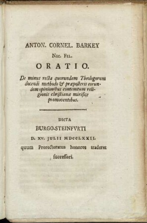 Anton. Cornel. Barkey Nic. Fil. Oratio.