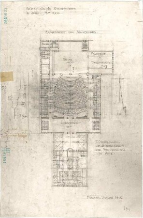 Fischer, Theodor; Jena; Stadt-Theater - Bühnenhaus (Grundriss EG); Zuschauerraum (Grundriss 1. OG); Cafe (Grundriss OG