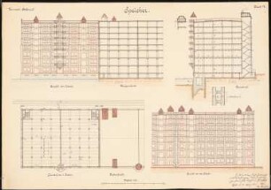 Hafenanlage, Danzig-Neufahrwasser Schinkelwettbewerb 1914: Speicher. Ansichten, Schnitte, Grundriss 1:200