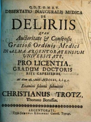 Dissertatio Inauguralis Medica De Deliriis