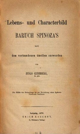 Lebens- und Characterbild Baruch Spinoza's