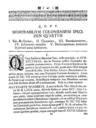 Q. D. B. V. MEMORABILIVM COLONIENSIVM SPECIMEN QVARTVM