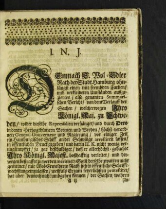 Demnach E. Wol-Edler Rath der Stadt Hamburg ohnlängst ...