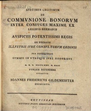 Specimen legitimum de communione bonorum inter coniuges maxime ex legibus Bremanis