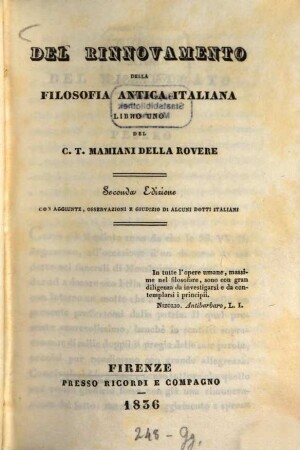 Del rinnovamento della filosofia antica italiana : libro uno