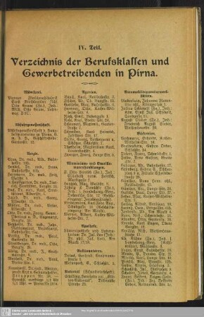 IV. Teil. Berufsklassen und Gewerbebetriebe : IV. Teil. Verzeichnis der Berufsklassen und Gewerbetreibenden in Pirna