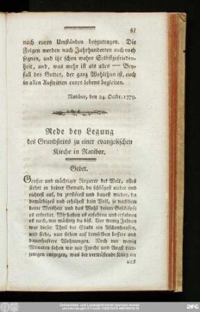 Rede bey Legung des Grundsteins zu einer evangelischen Kirche in Ratibor.