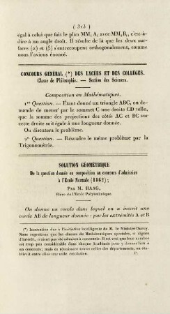 Solution géométrique de la question donnée en composition au concours d'admission à l'École Normale (1862).