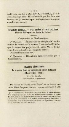 Solution géométrique de la question donnée en composition au concours d'admission à l'École Normale (1862).