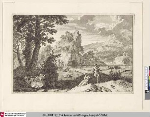 [Landschaft mit Bergen und verschiedenen Personen; Landscape with mountains and various figures]