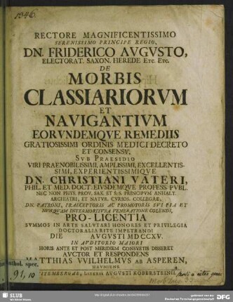 Rectore Magnificentissimo ...De Morbis Classiariorum Et Navigantium ...