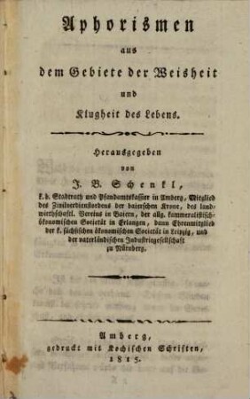 Aphorismen aus dem Gebiete der Weisheit und Klugheit des Lebens