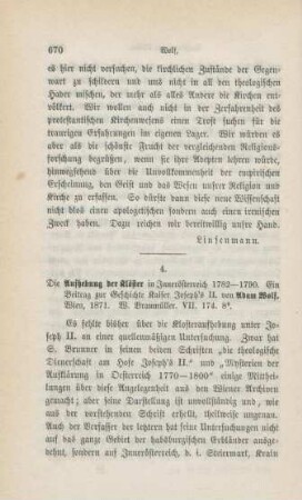 670-674 [Rezension] Wolf, Adam, Die Aufhebung der Klöster in Innerösterreich