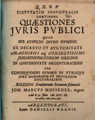 Disp. inaug. continens quaestiones iuris publici