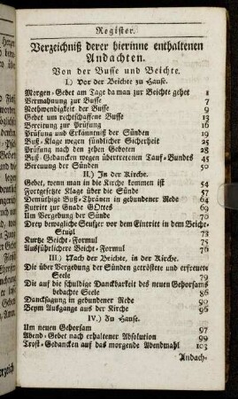 Verzeichniß derer hierinne enthaltenen Andachten.