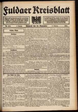 Erste Ausgabe vom Mittwoch, den 20. September 1911.