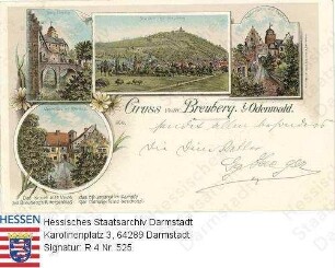 Neustadt im Odenwald, Panorama und Einzelansichten / Panorama mit Neustadt, Burgeingang, Casimirbau mit Rittersaal, Hexenturm mit Bergfried und Verstext