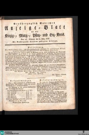Grossherzoglich Badisches Anzeige-Blatt für den Kinzig-, Murg- und Pfinz-Kreis, Großherzoglich Badisches Anzeige-Blatt für den Kinzig-, Murg-, Pfinz- und Enz-Kreis