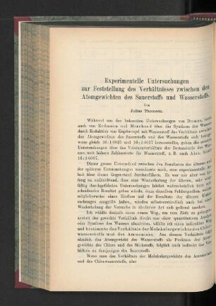 Experimentelle Untersuchungen zur Feststellung des Verhältnisses zwischen den Atomgewichten des Sauerstoffs und Wasserstoffs
