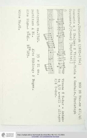 Concerto a 2 Chalum: 2 Violin. Viola e Cembalo. / Christoph Graupner.