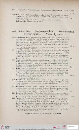 Ars memoriae. Steganographia. Stenographia. Hieroglyphica. Notae Tyronis (Nr. 6026 - 6109)