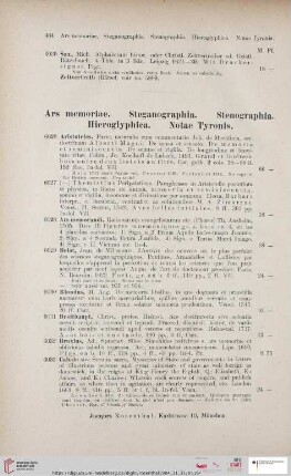 Ars memoriae. Steganographia. Stenographia. Hieroglyphica. Notae Tyronis (Nr. 6026 - 6109)