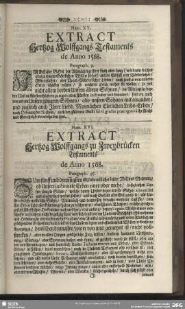 Num. XV. Extract Hertzog Wolffgangs Testaments de Anno 1568