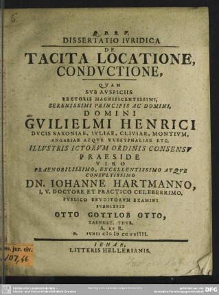 Dissertatio Iuridica De Tacita Locatione Conductione