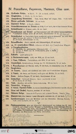 IV. Porzellane, Fayencen, Marmor, Glas usw. (Nr. 159-188)