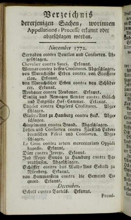 Verzeichnis dererjenigen Sachen, worinnen Appellations-Processe erkannt oder abgeschlagen worden.