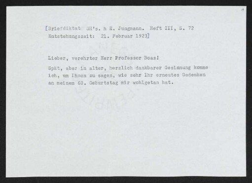 Brief von Gerhart Hauptmann an Ismar Boas