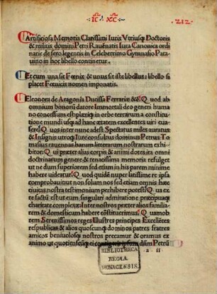 Phoenix seu de artificiosa memoria : mit Empfehlungsschreiben von Eleonora von Aragonien, Herzogin von Ferrara, 9.10.1491, und von Bonifacius de Montefeltro, 24.9.1488. Mit Brief der Vorsteher und des Fahnenträgers von Pistoia an den Autor, Pistoia 12. 9. 1480, und Brief an den Autor von Lancelotus Decius, Pavia 11.11.1488. Mit Gedichten an den Autor von Antoninus Aegidius Canisius, Johannes Antonius Plebanus, Marcus Picardus und Hieronymus Butigella. Mit Gedicht an den Leser von c. Lycinius. Mit Privileg