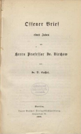 Offener Brief eines Juden an Herrn Professor Dr. Virchow
