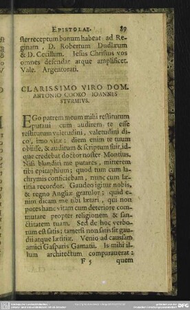 Clarissimo Viro Dom. Antonio Cooko Ioannes Sturmius