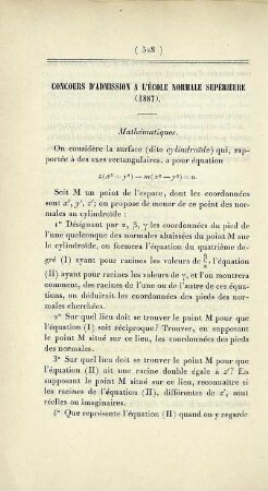 Concours d'admission a l'École Normale Supérieure (1887).
