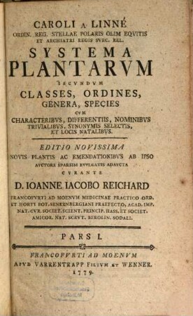 Caroli A Linné Ordin. Reg. Stellae Polaris Olim Eqvitis Et Archiatri Regis Svec. Rel. Systema Plantarvm Secvndvm Classes, Ordines, Genera, Species : Cvm Characteribvs, Differentiis, Nominibvs Trivialibvs, Synonymis Selectis, Et Locis Natalibvs, 1