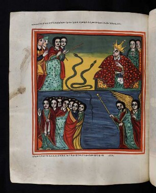 Illustration: oben: Mose und Aaaron vor Pharoa mit der Forderung Israel zu entlassen / unten: Durchzug der Israeliten durch das rothe Meer unter Michael's Führung