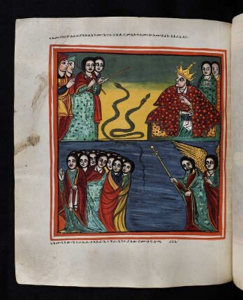 Illustration: oben: Mose und Aaaron vor Pharoa mit der Forderung Israel zu entlassen / unten: Durchzug der Israeliten durch das rothe Meer unter Michael's Führung