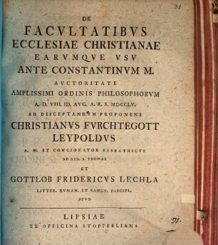 De Facvltatibvs Ecclesiae Christianae Earvmqve Vsv Ante Constantinvm M. Dispvtatio