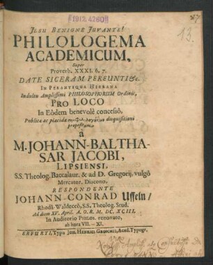 Philologema Academicum, Super Proverb. XXXI. 6. 7. Date Siceram Pereunti &c.