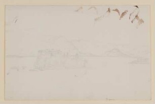See vor Bergen, darin eine Insel mit Schloss [lose einliegendes Blatt aus Maximiliane von Arnims Skizzenbuch mit Motiven aus Wiepersdorf und Rügen]