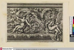 [Fries mit Blattwerk, ein sitzender Mann und eine sitzende Frau umgeben von Genien; Frise de feuillages avec à gauche une femme et a droite un homme assis]